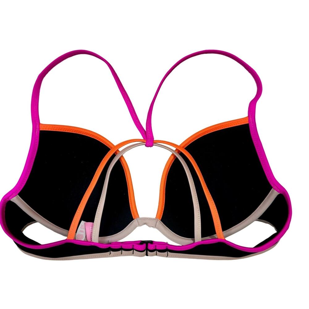 Victoria Secret swim black pink orange halter tie back swim top 36 B EUC bikini